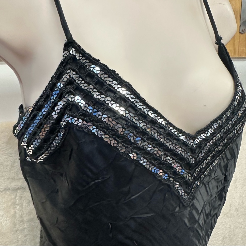 Y2K euro women’s tank top satin crinkle black sequined whimsigoth fairy grunge M - Picture 5 of 8